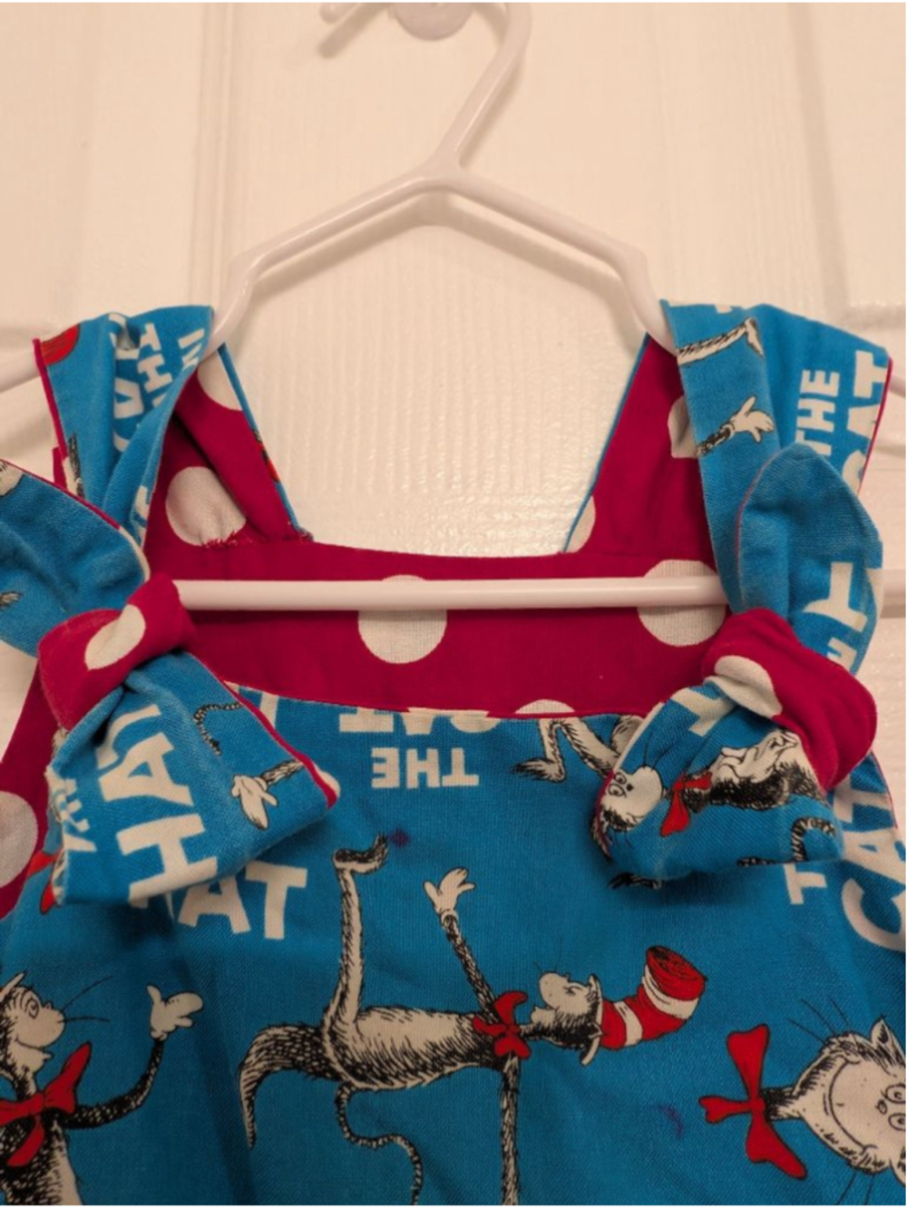 Dr Seuss The Cat in the Hat Dress Girls Size 3T 4T Blue Pink Polka Dot Bows - Picture 3 of 8